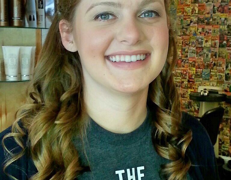 Long updo with curl brown blonde