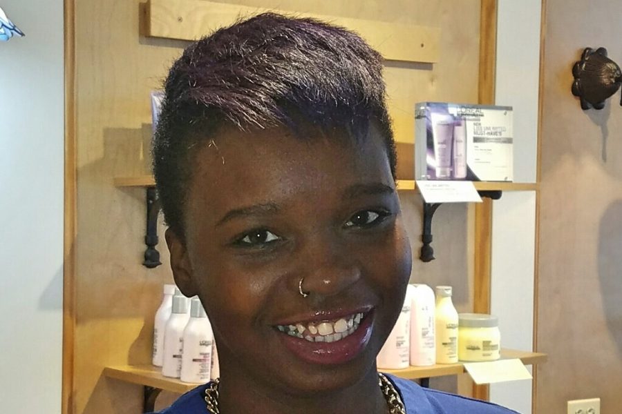 short cut with dark purple color hair