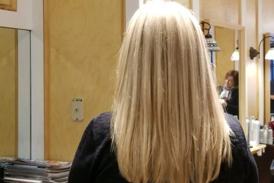 Back of blonde womans head showing off her blonde with brown lowlights